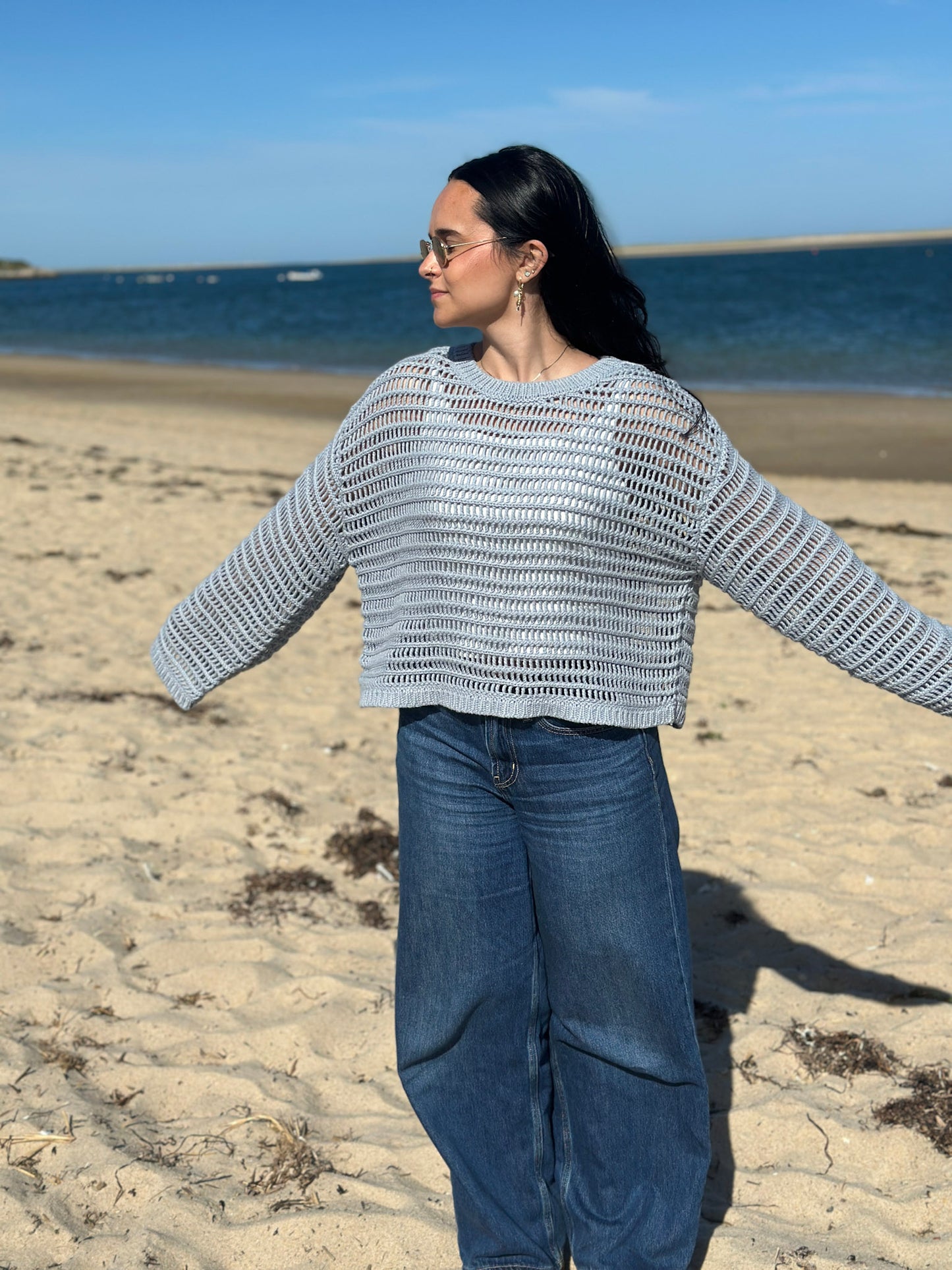 The Marceline - Open Knit Sweater - Dusty Blue
