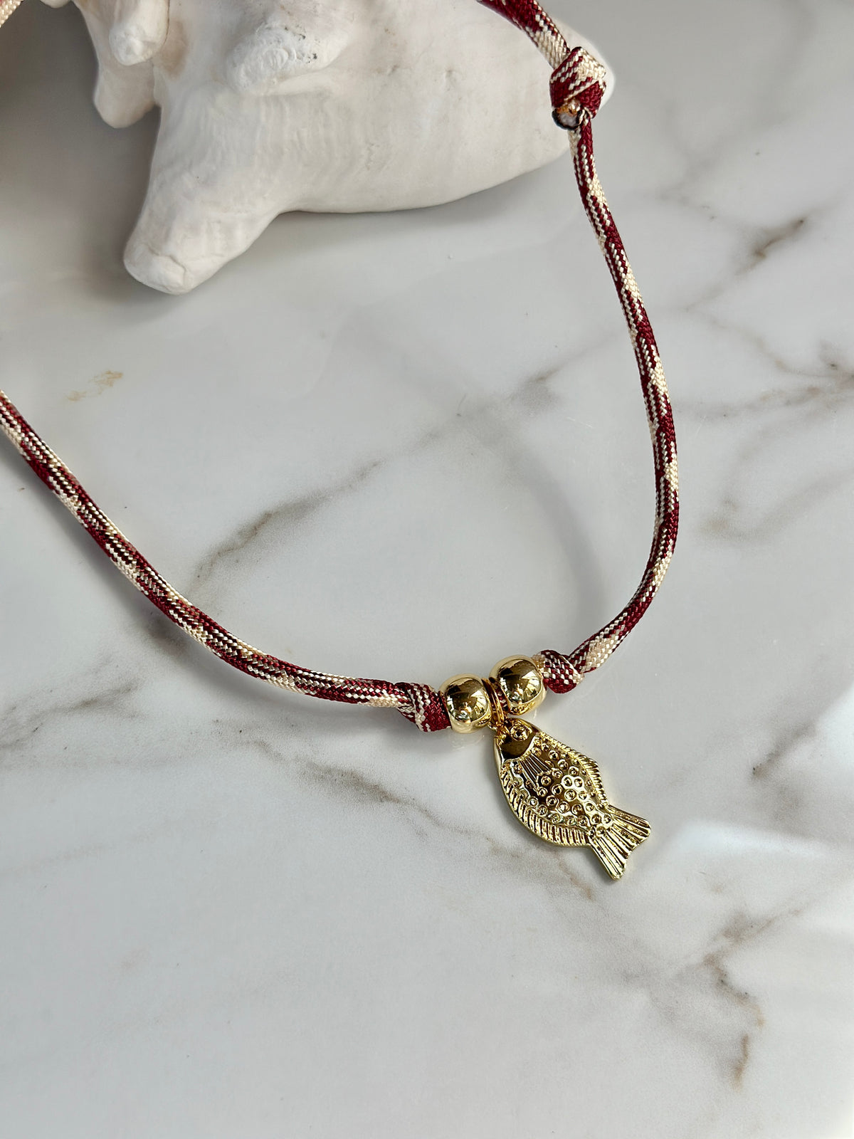 Gold Fish Pendant Paracord Necklace –Burgundy & Cream