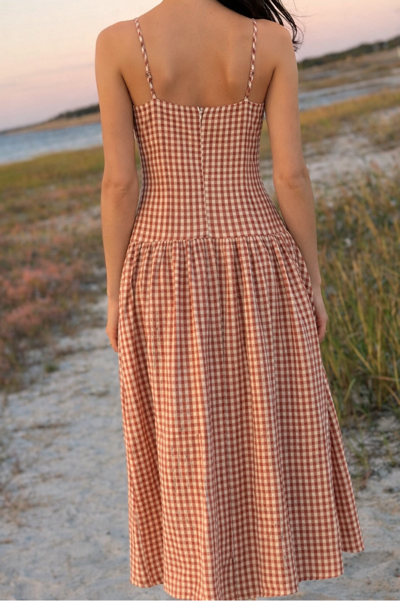 Gingham Sweetheart Midi Dress - RD1358: WARM BROWN GINGHAM / S-M-L (3-2-1)
