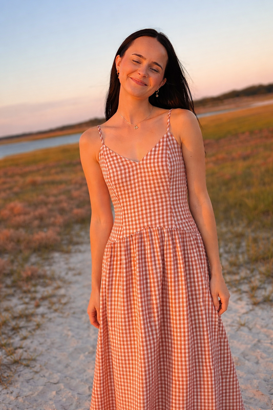 Gingham Sweetheart Midi Dress - RD1358: WARM BROWN GINGHAM / S-M-L (3-2-1)