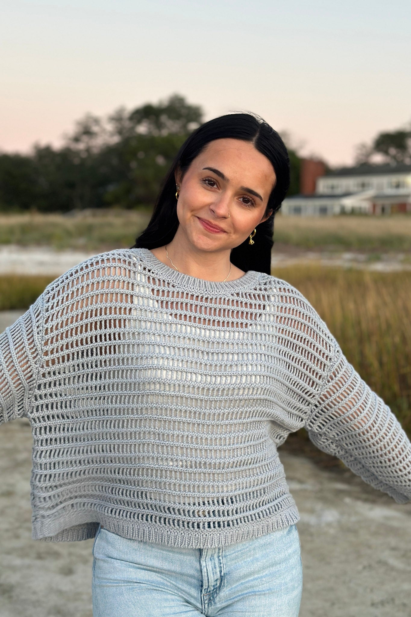 Dusty blue open knit sweater with boatneck - The Marceline