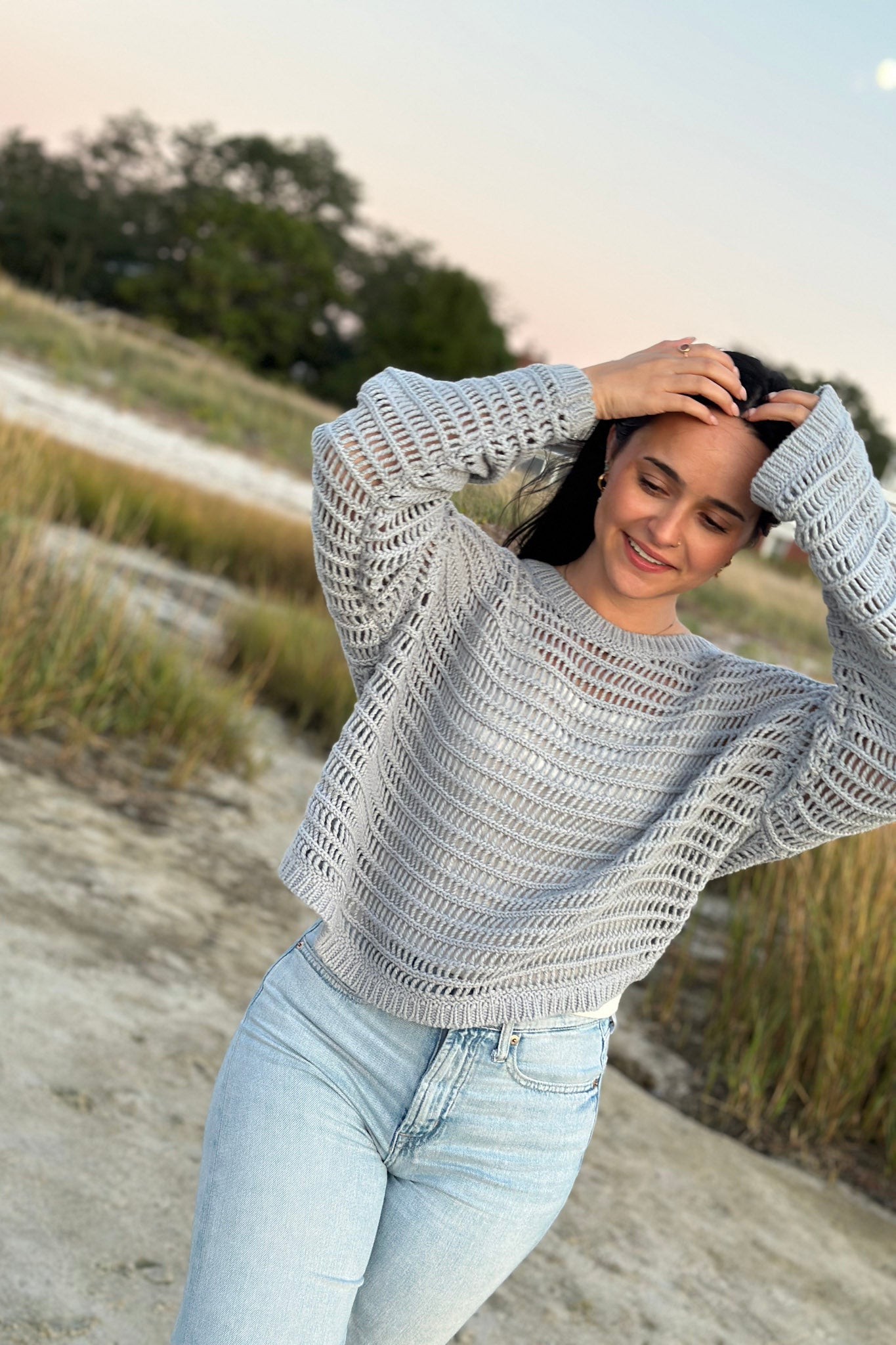 The Marceline - Open Knit Sweater - Dusty Blue