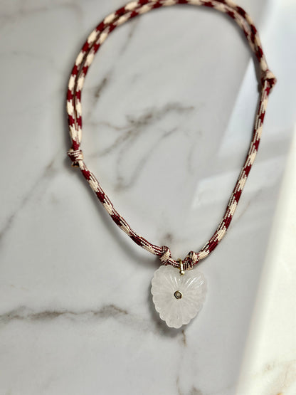 “Burgundy and cream nautical paracord necklace with natural quartz heart pendant and gold CZ detail.”
