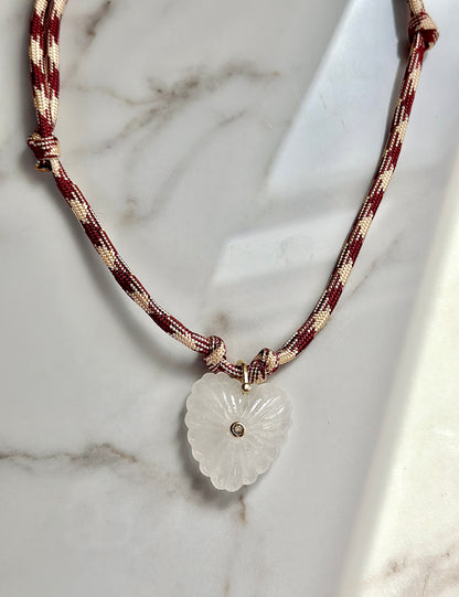Burgundy and cream paracord necklace with natural quartz heart pendant and CZ accent.
