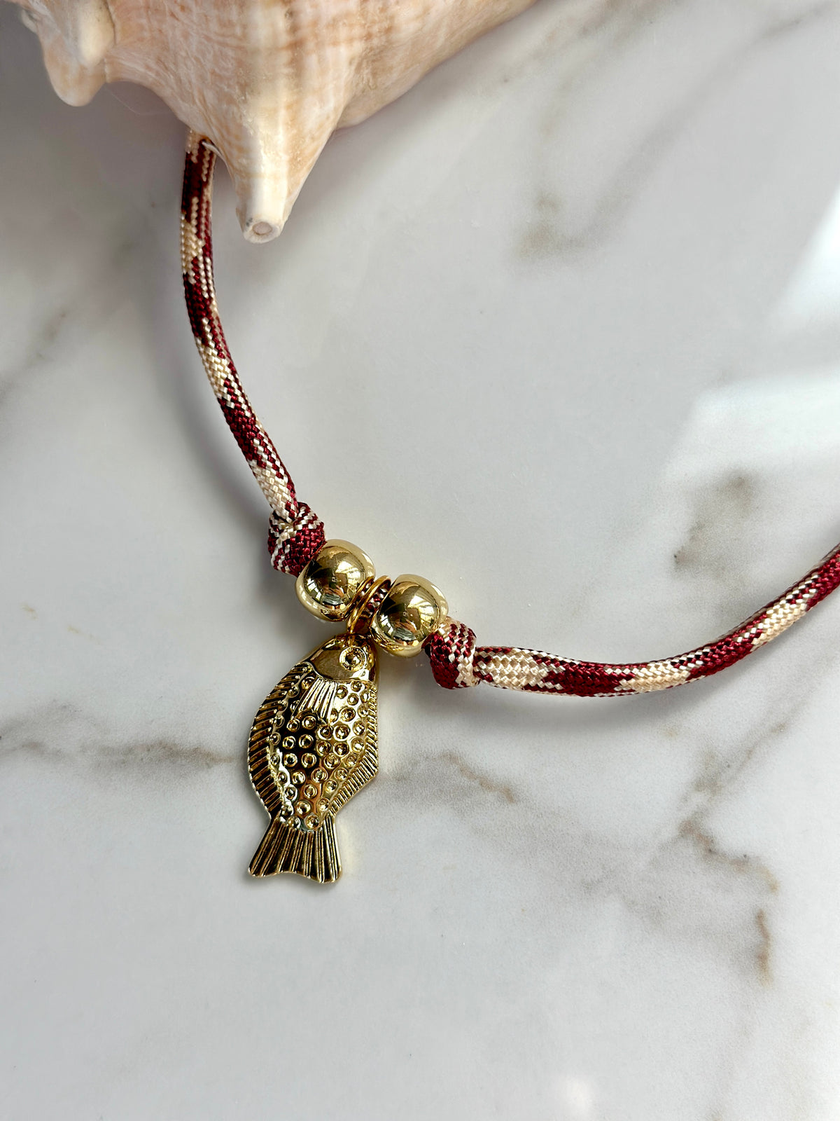 Gold Fish Pendant Paracord Necklace –Burgundy & Cream