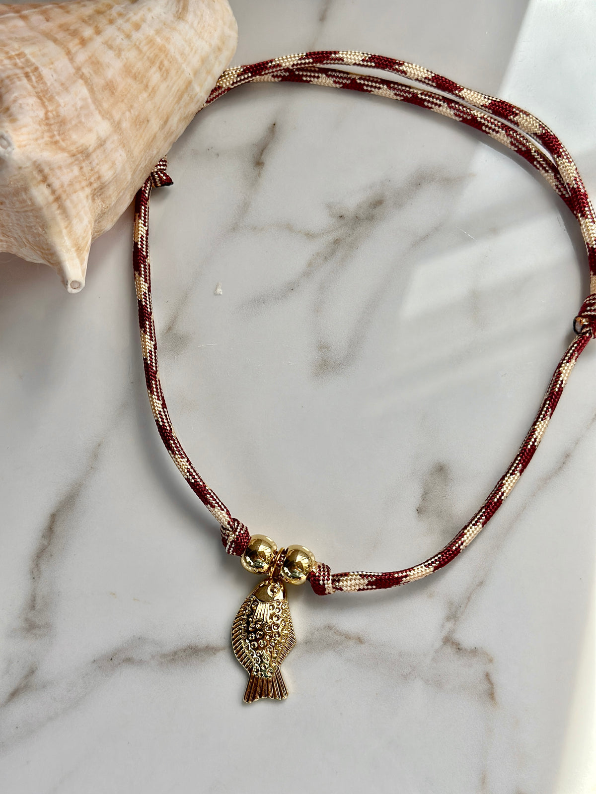 Gold Fish Pendant Paracord Necklace –Burgundy & Cream