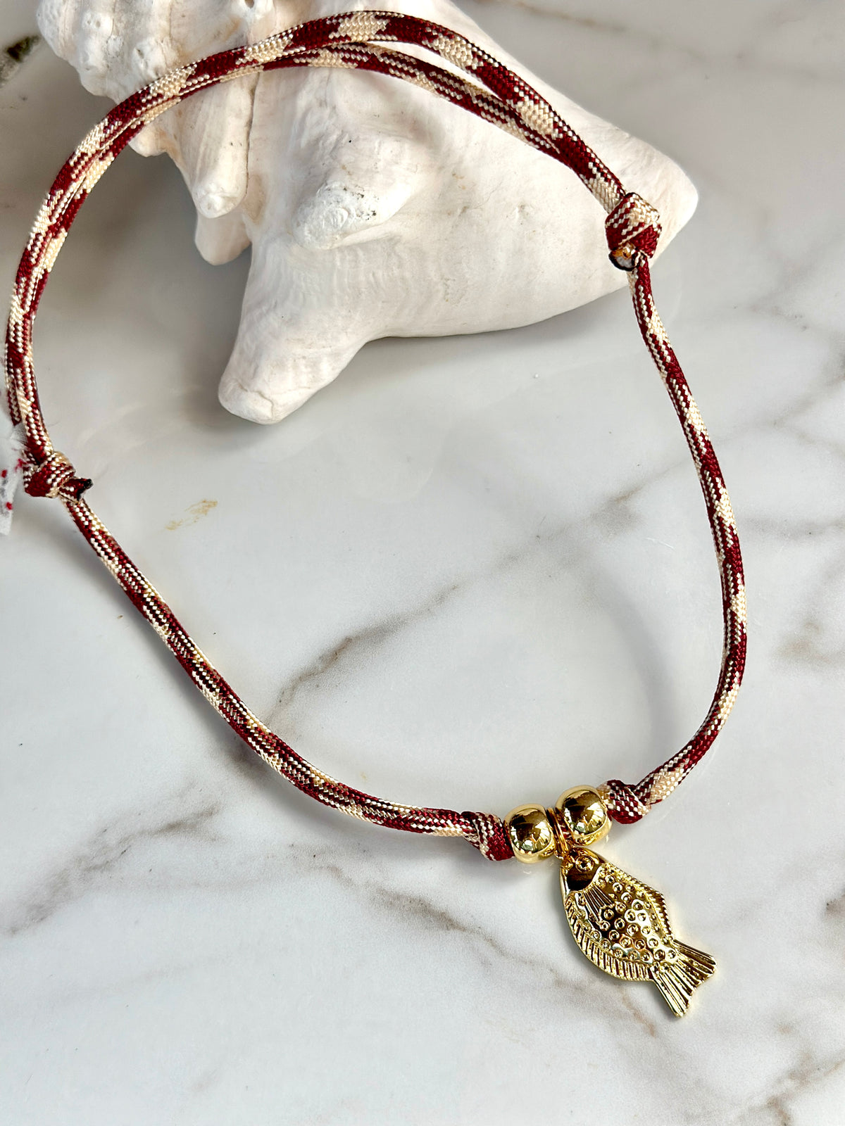 Gold Fish Pendant Paracord Necklace –Burgundy & Cream