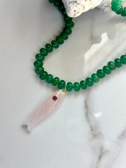 Green gemstone necklace with pale pink carved fish pendant and gold detailing
