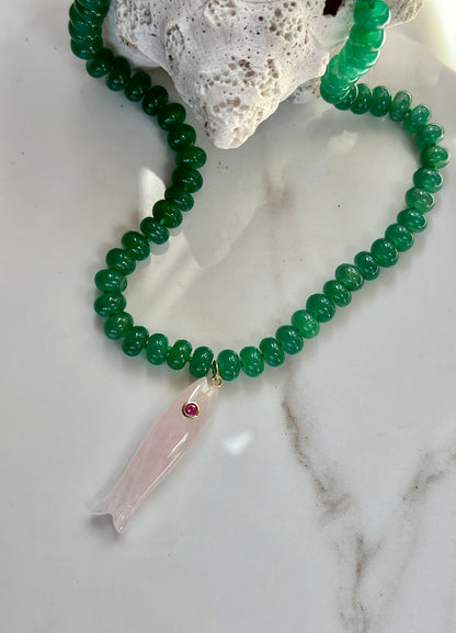 Green gemstone fish necklace with pink carved fish pendant – coastal jewelry.