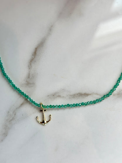 Bright green faceted Green Agate bead necklace with a petite gold anchor charm.
