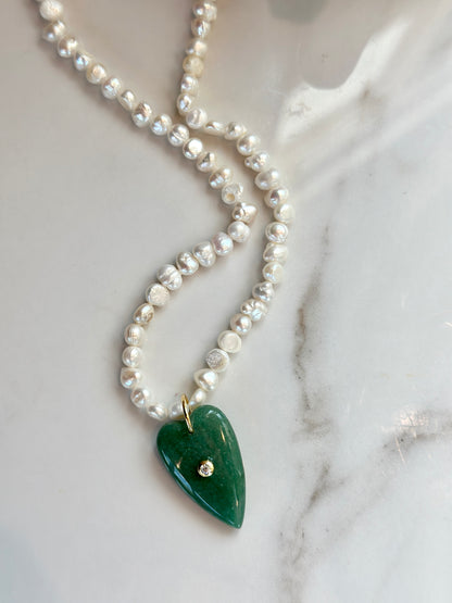 Green aventurine heart freshwater pearl necklace with 18K gold-filled detailing.
