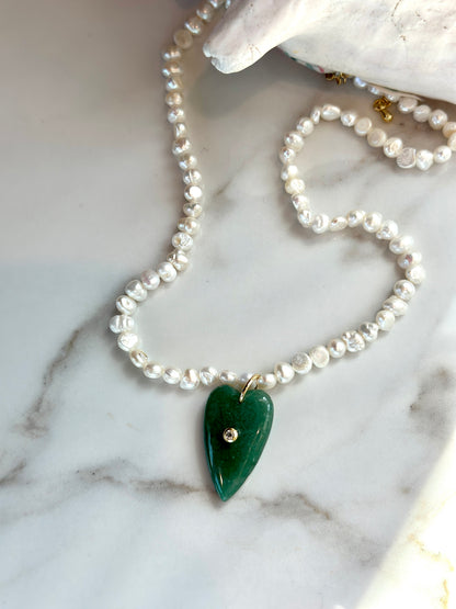 Green gemstone heart and freshwater pearl statement necklace.