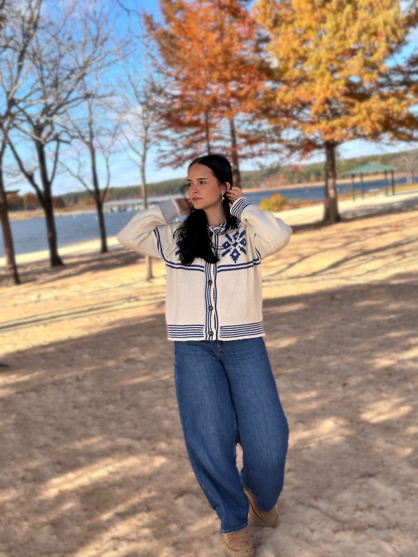 Cream and blue fair-isle cardigan with vintage details