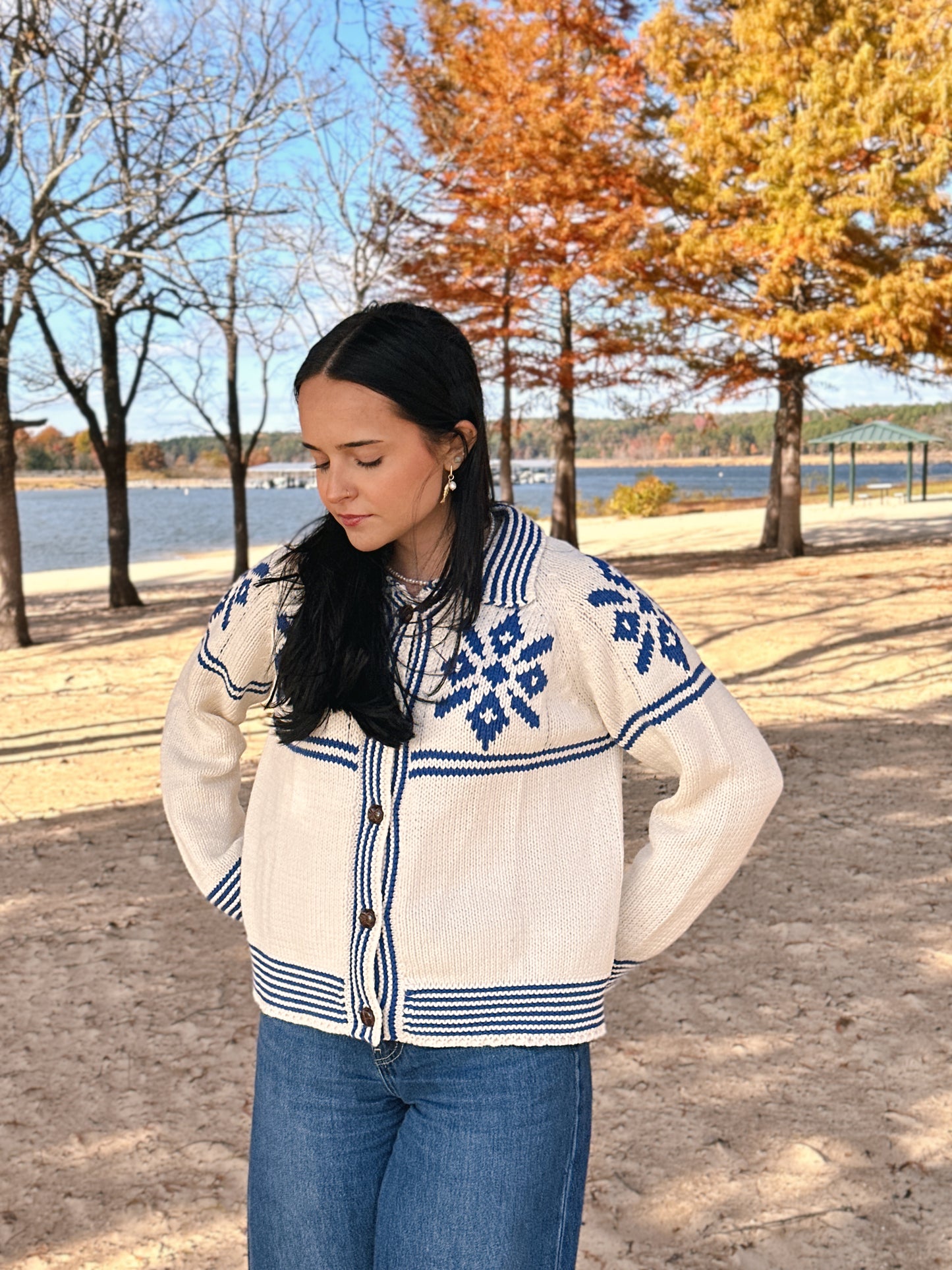 Button-front cardigan with sailor striped trim - detail view