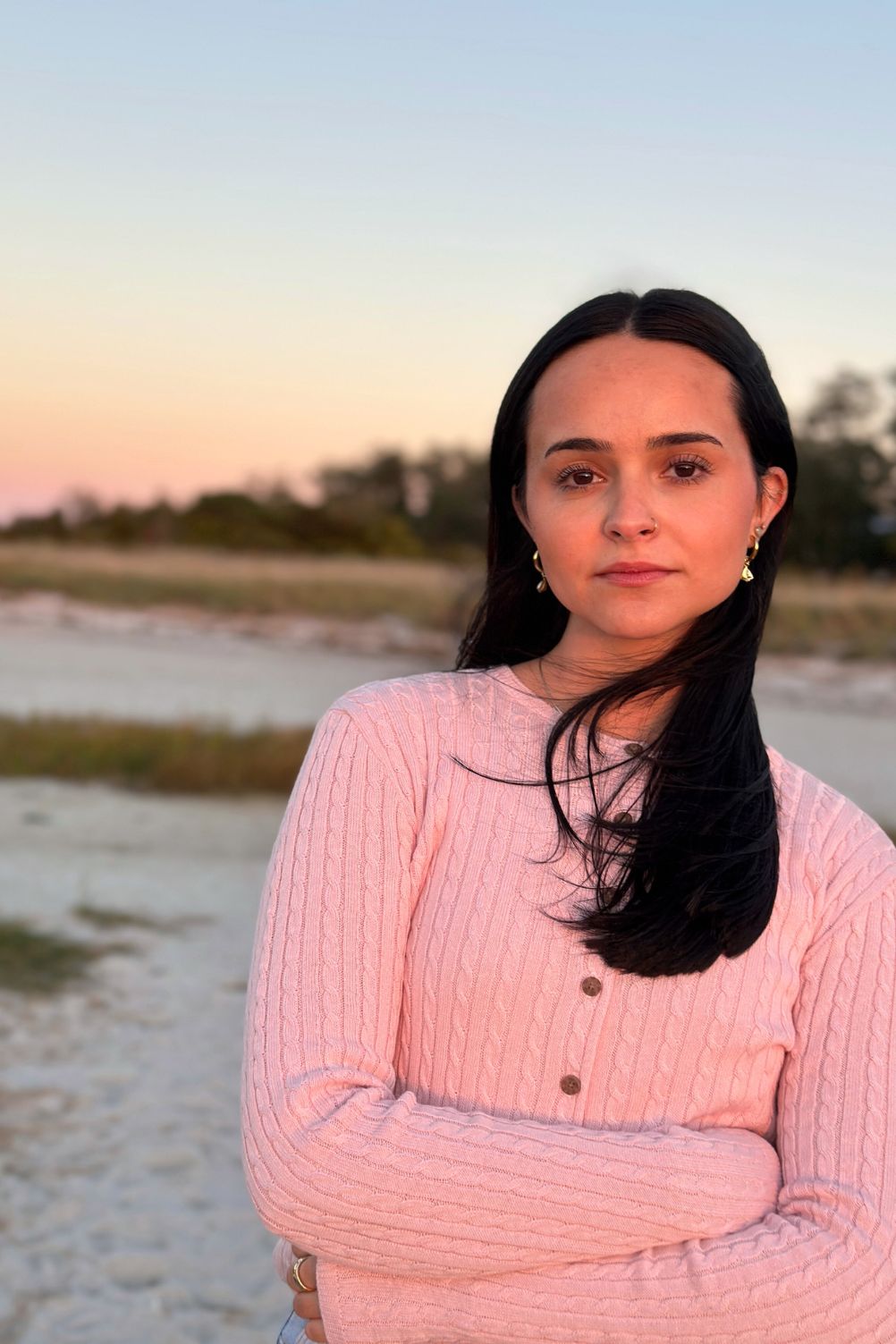 Coastal cable knit cardigan styled with denim