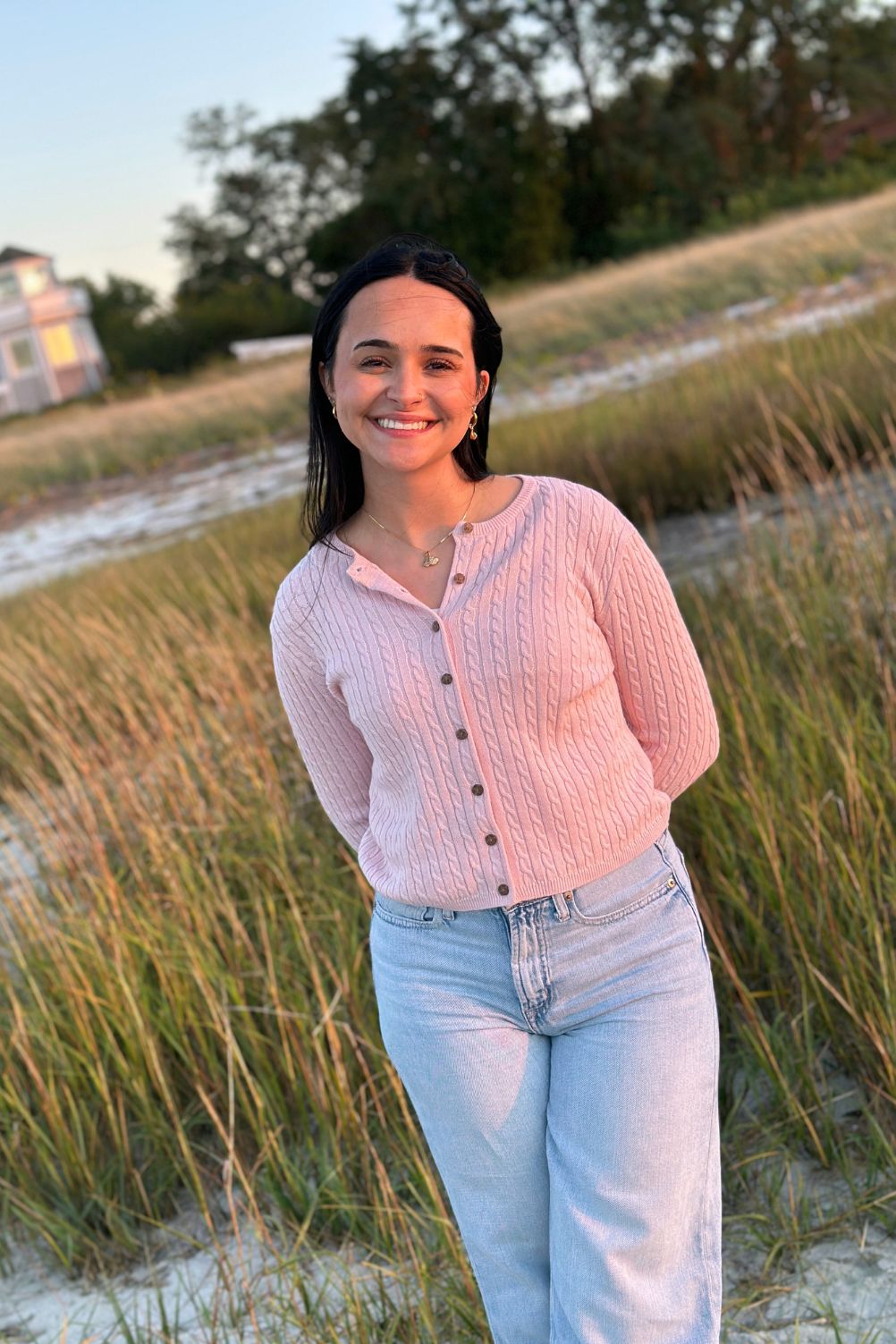 Baby pink cable knit cardigan with classic buttons