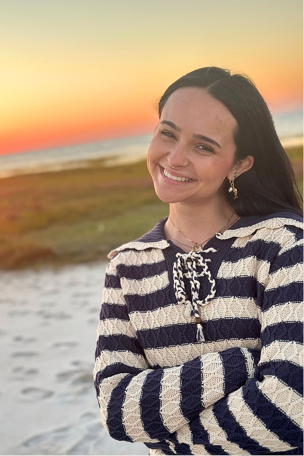 Relaxed fit striped sweater - detail of lace-up neckline