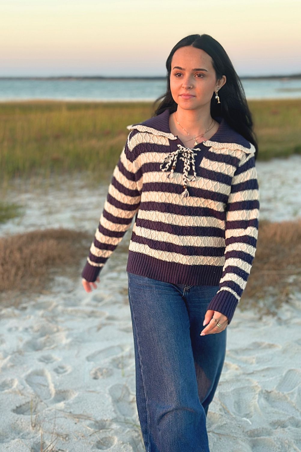 Navy and cream striped sailor sweater with lace-up neckline