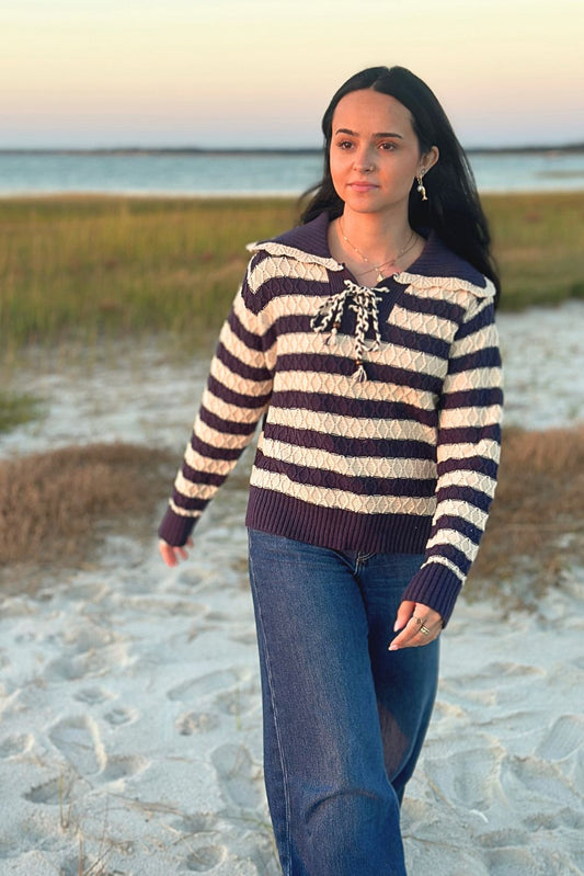 Navy and cream striped sailor sweater with lace-up neckline