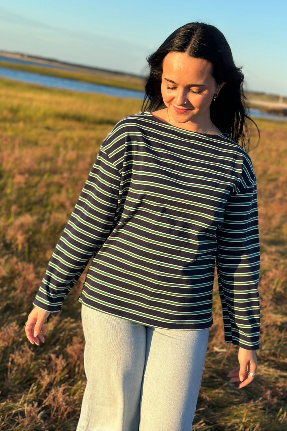 Lightweight cotton blend layering top in navy stripes